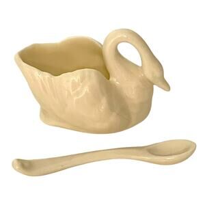 Lenox Vintage Swan Shape Porcelain Salt Cellar & Spoon Set White